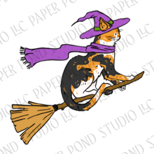 Calico cat wearing purple witch hat and scarf riding a broomstick