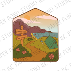 Mountain and camping scene overlooking the ocean with trail sign of couples name and wedding date with Seattle skyline in the distance