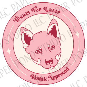 Pink and cream circle with retro style dog face in center and text around it that reads treats for later Kodak Approved