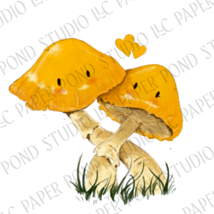Two yellow mushrooms with cute eyes and blushing cheeks growing wrapped around each other with hearts above
