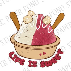 White and dark pink shave ice with condensed milk and mochi pieces in bowl with text underneath that says life is sweet