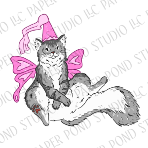 Grey long haired tabby cat sitting dressed up as glittery pink princess with wings