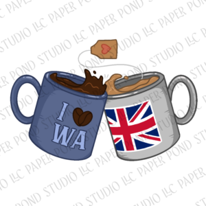 Coffee mug with I Heart WA and tea mug with Union Jack flag clinking cheers