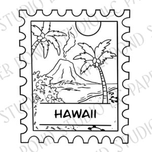 Hawaii state scene of beach, realm trees, turtles, ocean, volcano in black and white on a stamp