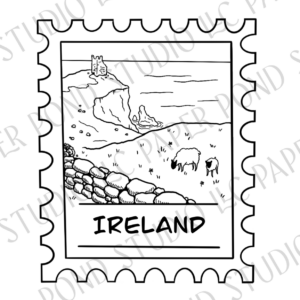 Ireland scene of sheep, castle ruins, ocean in black and white on a stamp