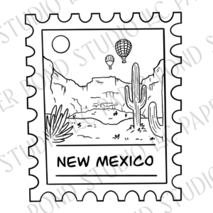 New Mexico state scene of cacti, rock formations, hot air balloons in black and white on a stamp.