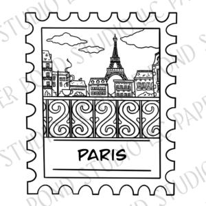 Paris city scene of cafe balcony, parisian buildings, Eiffel Tower in black and white on a stamp