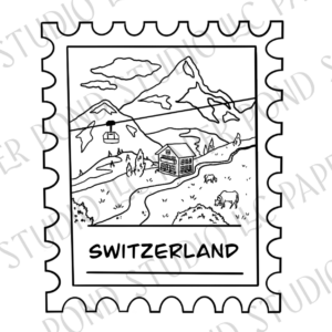 Switzerland scene of mountains, cows grazing, chalet, gondola in black and white on a stamp