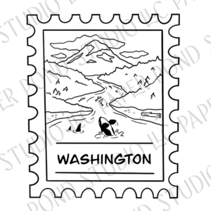 Washington state scene of Mt.Rainier, salmon in river, ocean, breaching orca whale in black and white on a stamp
